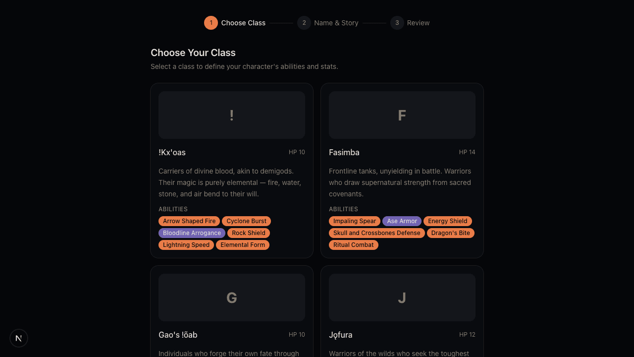 Character creation — class and ability selection