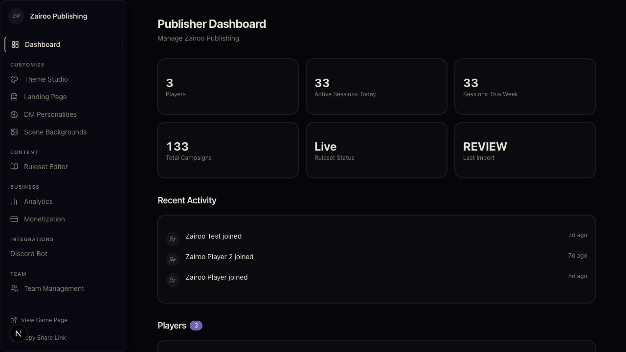 Player hub — characters, active sessions, quick actions