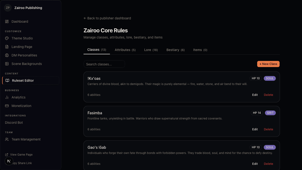 Ruleset editor — classes, lore, creatures