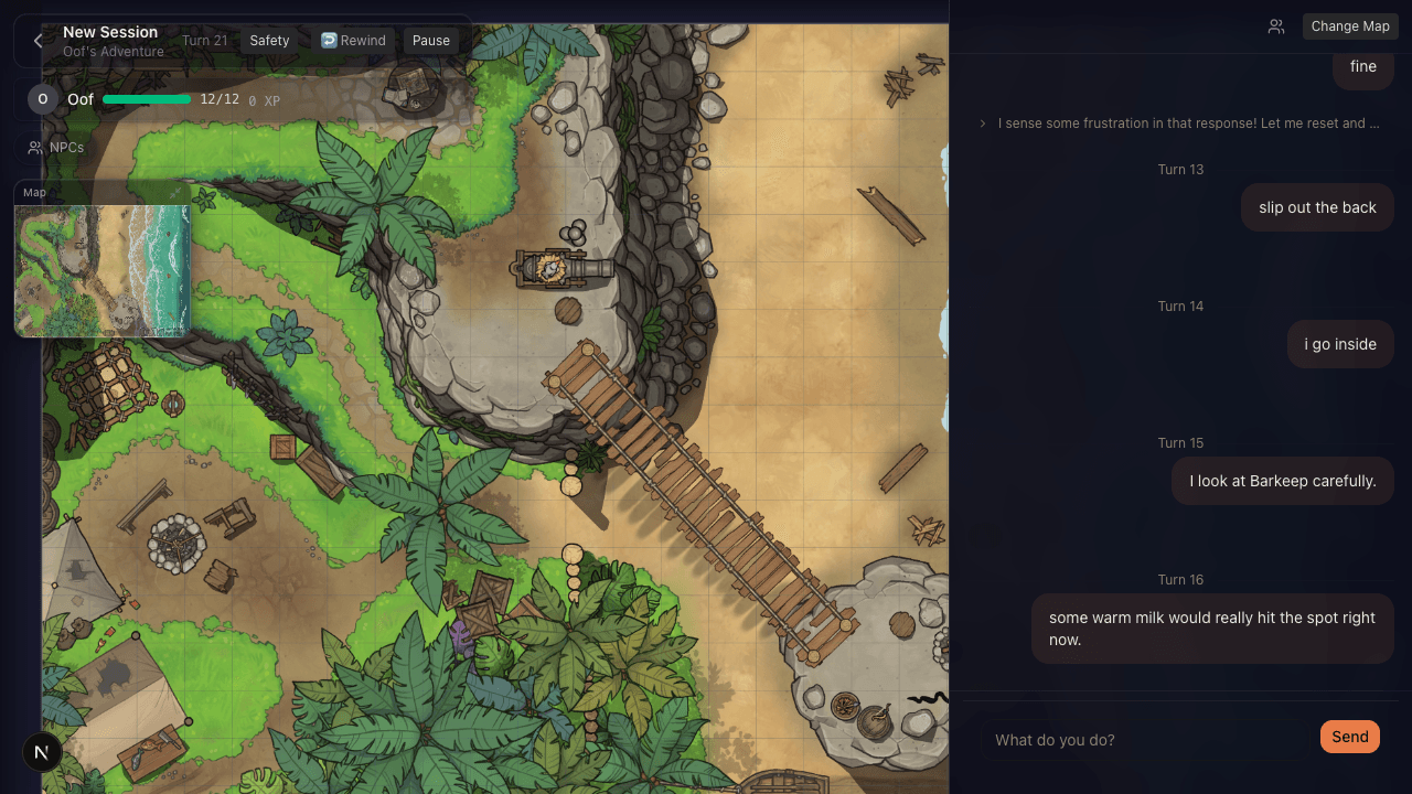 Live session — map, AI narration, character status